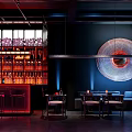 Bar Interior Design With Stocked Bar Counter Dark Walls Circular Decorative Light And Cozy Seating