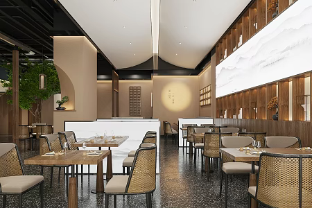 New Chinese Restaurant Dining Table and Chair Combination Bamboo Chair Chinese Chandelier Chinese Restaurant Tea Restaurant Vegetarian Restaurant Tea House 3d model