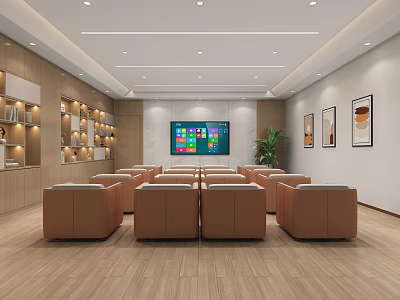 Bank Waiting Area With Brown Leather Sofas Large Screen TV Wooden Decor And Wall Paintings 3d model