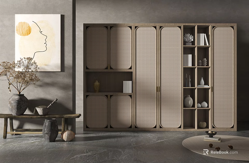 Modern Minimalist Decorative Cabinet With Lattice Door Design Ornaments Books And Vases On Shelves 3d model 