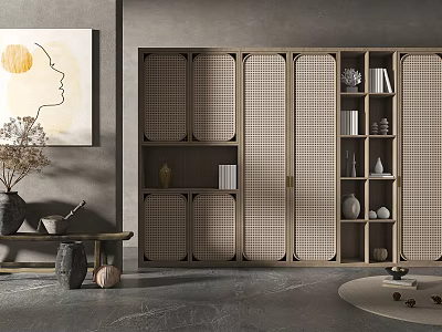 Modern Minimalist Decorative Cabinet With Lattice Door Design Ornaments Books And Vases On Shelves 3d model