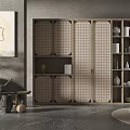 Modern Minimalist Decorative Cabinet With Lattice Door Design Ornaments Books And Vases On Shelves
