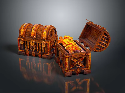Ornate Wooden Chests One Open Filled With Gold Coins And One Closed 3d model
