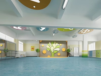 Kindergarten Bright Spacious Interior With Colorful Circular Ceiling Blue Flooring And Floral Wall Decor 3d model