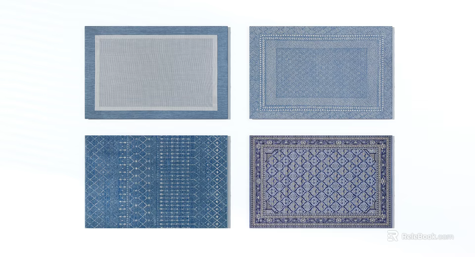 Various Blue Square Rugs With Geometric Patterns And Striped Designs 3d model