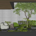 Serene Courtyard Garden With White Bean Bag Chair Small Wooden Table And Lush Green Plants