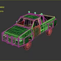 Green Pickup Truck With Metal Front Guard And Roof Lights On Dark Background