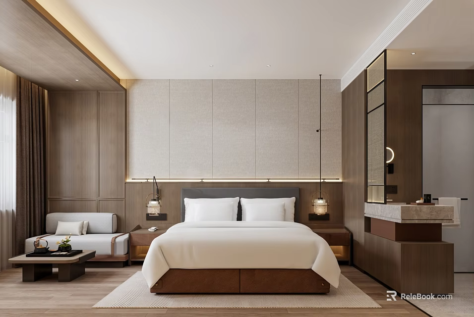 Elegant Modern Hotel Room Interior With Wooden Elements King Bed Sofa And Lighting 3d model 