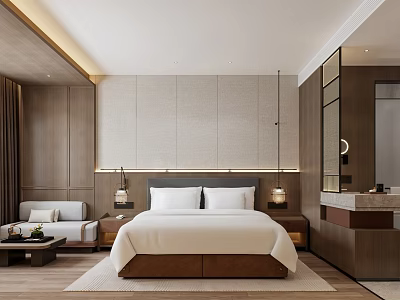 Elegant Modern Hotel Room Interior With Wooden Elements King Bed Sofa And Lighting 3d model