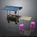 Outdoor Mobile Food Cart With Blue Canopy White Table And Pink Stools