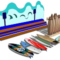 Wave Shaped Playground Equipment With Blue Background And Colorful Surfboards