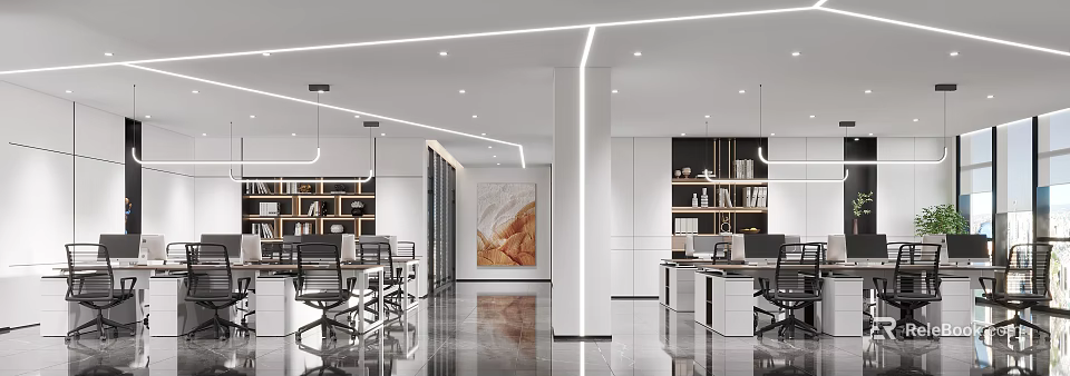 Public Office Area Interior With Desks Office Chairs Bookshelves And Modern Lighting 3d model 
