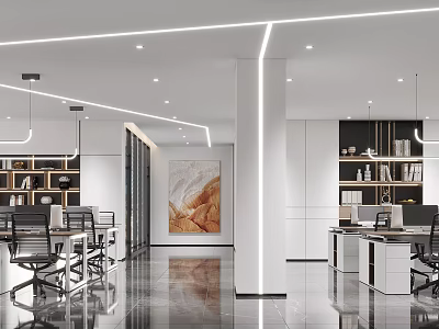 Public Office Area Interior With Desks Office Chairs Bookshelves And Modern Lighting 3d model