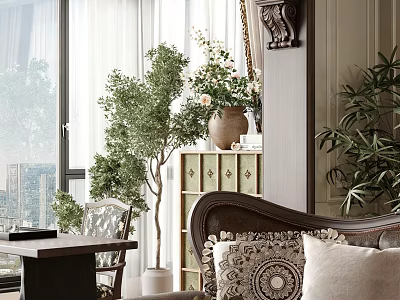 Elegant Modern Living Room Interior With Decorative Cabinet Vase And Green Plants 3d model