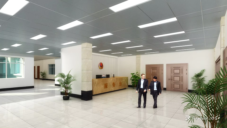 Modern Lobby Interior With Reception Desk Two People Green Plants Tile Floor And Ceiling Lights 3d model 