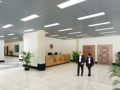Modern Lobby Interior With Reception Desk Two People Green Plants Tile Floor And Ceiling Lights 3d model