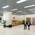 Modern Lobby Interior With Reception Desk Two People Green Plants Tile Floor And Ceiling Lights