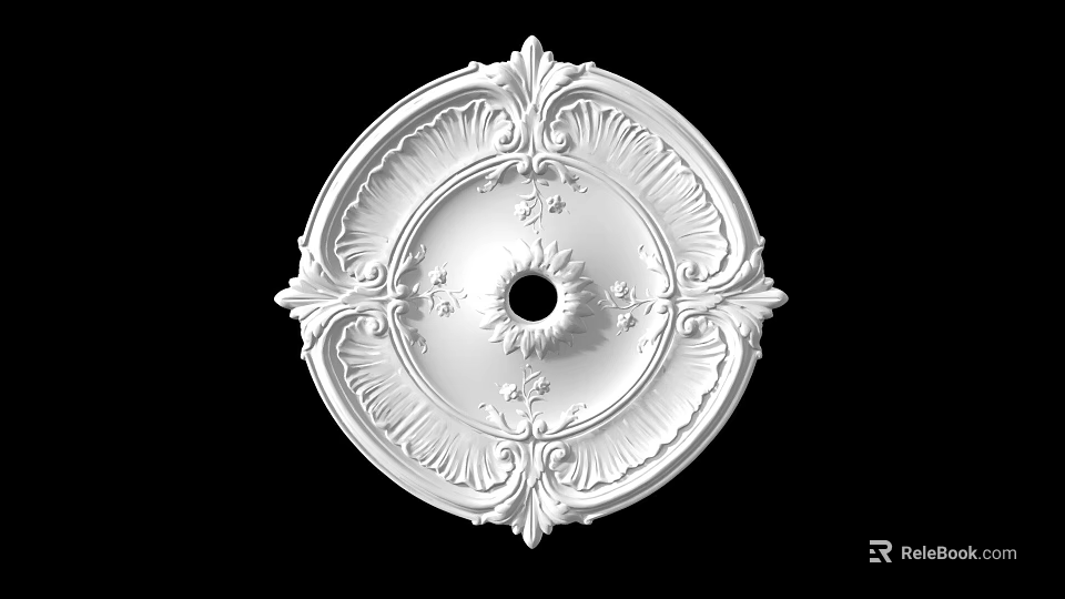 Decorative White Round Ceiling Medallion with Ornate Carved Design and Central Hole 3d model 