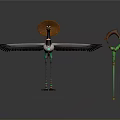 Anthropomorphic Bird Character With Wide Brimmed Hat Long Neck And Wings Beside Green Brown Staff