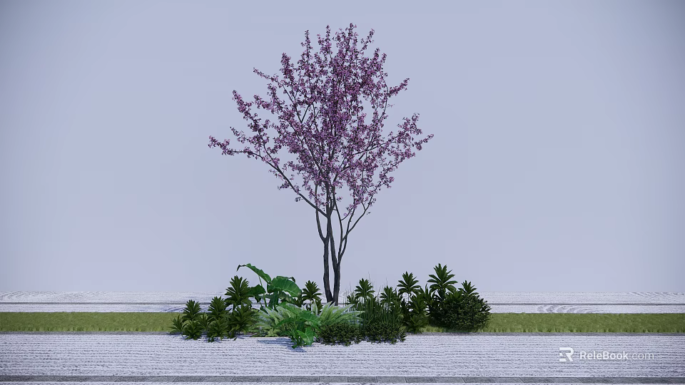 Tall Arbor With Purple Blossoms And Surrounding Green Shrubs Against Gray Wall 3d model 