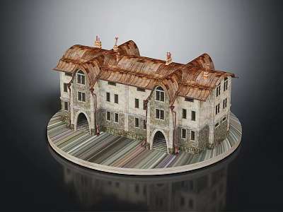 Vintage Stone Building Model With Multiple Gabled Roofs Arched Doors And Windows 3d model