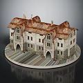 Vintage Stone Building Model With Multiple Gabled Roofs Arched Doors And Windows
