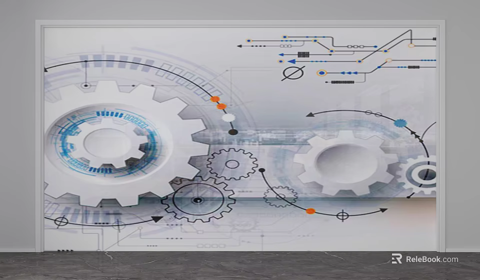Abstract Tech Wall Mural With Interlocking Gears Circuit Lines And Mechanical Design Elements 3d model