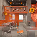 Modern Clay Stove Hotpot Restaurant Interior With Orange Decor And Staircase