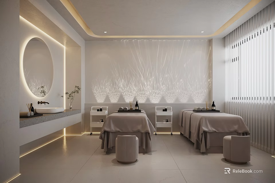 Elegant Modern Beauty Salon Interior With Two Beauty Beds Round Mirror And Minimalist Lighting Design 3d model 