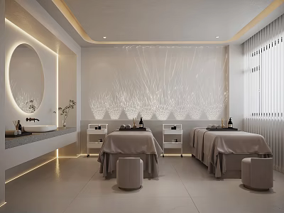 Elegant Modern Beauty Salon Interior With Two Beauty Beds Round Mirror And Minimalist Lighting Design 3d model