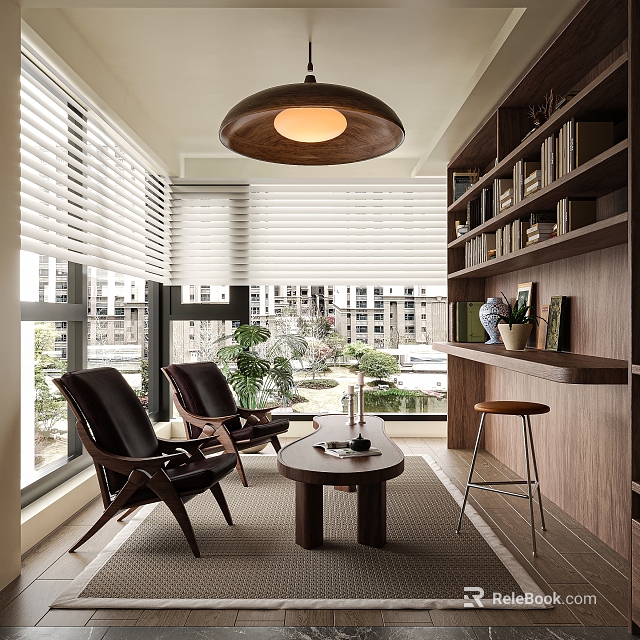Home Office Interior With Wooden Bookshelves Black Leather Chairs Window Blinds And City View 3d model 