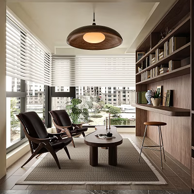 Home Office Interior With Wooden Bookshelves Black Leather Chairs Window Blinds And City View 3d model