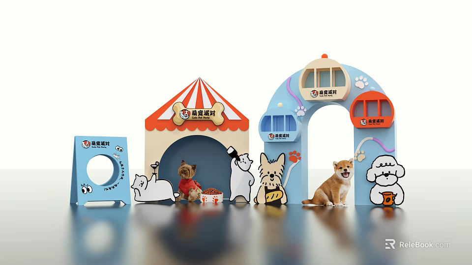Pet Themed Photo Check-in Spot with Cartoon Decorations Tent Cabin Archway and Puppy Models 3d model 