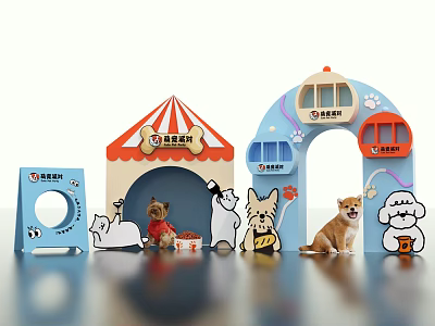 Pet Themed Photo Check-in Spot with Cartoon Decorations Tent Cabin Archway and Puppy Models 3d model