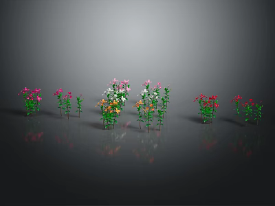Colorful Flowering Plants With Green Leaves Arranged Neatly On Gray Background With Reflections 3d model