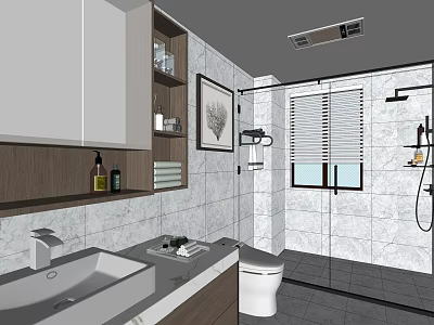 Modern Bathroom Interior Design With Tile Walls Glass Shower Vanity And Decorative Painting 3d model
