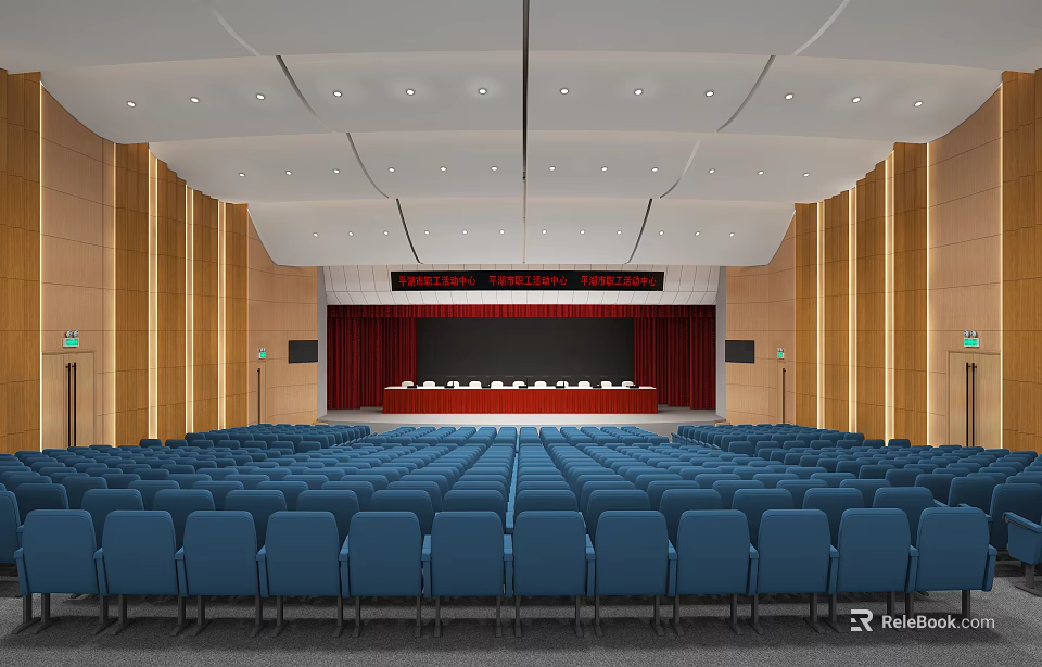 Large Conference Room With Blue Seats Red Curtain Stage Wooden Walls And Recessed Lights 3d model 