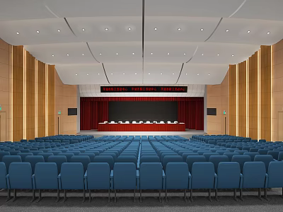 Large Conference Room With Blue Seats Red Curtain Stage Wooden Walls And Recessed Lights 3d model