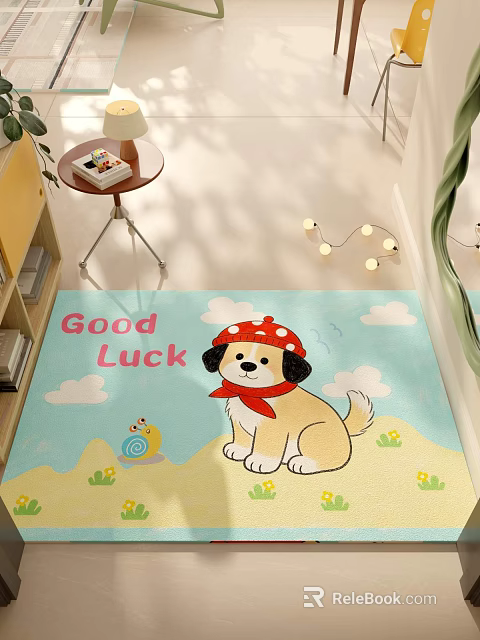Cute Cartoon Square Rug With Puppy Red Hat Scarf Snail Clouds Good Luck Text 3d model 
