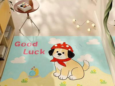 Cute Cartoon Square Rug With Puppy Red Hat Scarf Snail Clouds Good Luck Text 3d model