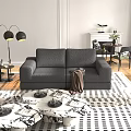 Black Two Seater Sofa In Living Room With Floor Lamp Geometric Rug And Coffee Table