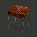 Red Side Table With White Heart Pattern On Top And Metal Legs