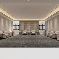 Spacious Modern Business Meeting Room With Neat Reception Sofas And Warm Recessed Ceiling Lighting