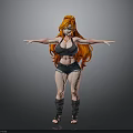 Woman With Long Orange Hair In Black Sports Bra Denim Shorts Standing Arms Outstretched
