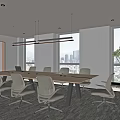 Modern Conference Room Interior With Table Office Chairs City View Window Plant And Lighting