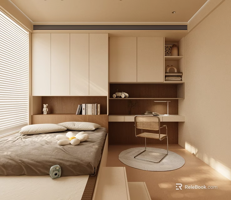 Modern Bedroom Interior Design With Bed Desk Bookshelf Chair And Window Blinds 3d model 