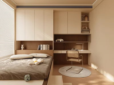 Modern Bedroom Interior Design With Bed Desk Bookshelf Chair And Window Blinds 3d model