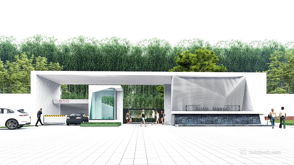 Modern Entrance Gate With Green Trees Water Feature Car And People Walking 3d model 