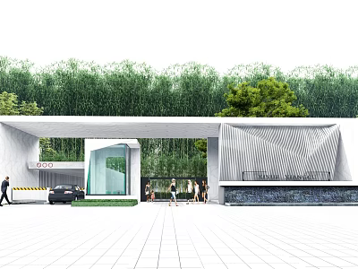 Modern Entrance Gate With Green Trees Water Feature Car And People Walking 3d model