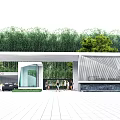 Modern Entrance Gate With Green Trees Water Feature Car And People Walking